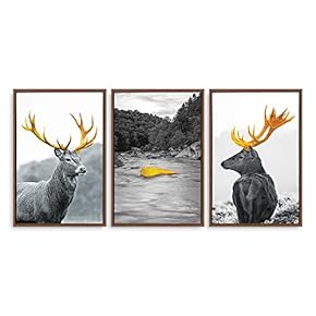3 Panel Framed Canvas Wall Art for Living Room, Bedroom Deer with Gold Antlers Canvas Prints for Home Decoration Ready to Hang - 16"x24"x3 Panels
