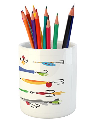Fishing-Pencil-Pen-Holder-by-Lunarable-Elements-of-Fishing-Line-with-Stringer-Net-Bite-Indicators-Worms-Waders-Hunt-Image-Printed-Ceramic-Pencil-Pen-Holder-for-Desk-Office-Accessory-Multicolor
