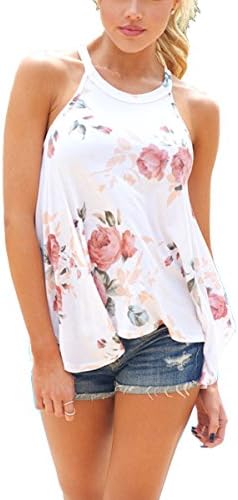 VYNCS Women Casual Floral Print Tank Tops Sleeveless High Neck T Shirt Blouse Tops with Irregular Hem