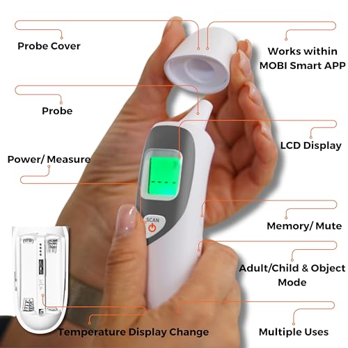 MOBI CONNECT Smart DualScan Bluetooth Ear & Forehead Thermometer - Backlit Screen, LED Fever Indicators, Memory Recall of Last 20 Readouts, Farenheit & Celsius Mode, Room Temperate with Date & Time