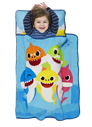 Baby Shark Toddler Nap Mat - Includes Pillow and Fleece Blanket - Great for Boys and Girls Napping at Daycare, Preschool, Or Kindergarten - Fits Sleeping Toddlers and Young Children