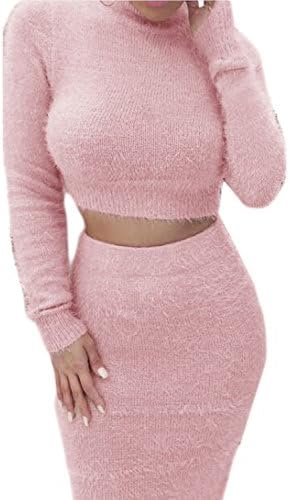 Women Casual Crop Top Pencil Skirt Furry Funnel Bodycon Solid 2-Piece Jumpsuits-Apparel