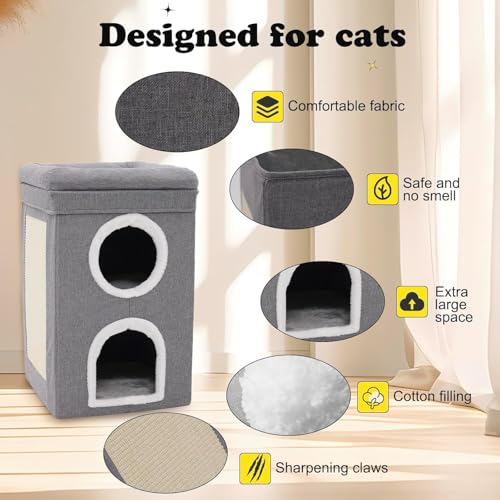 Cat House for Indoor, 3-Level Covered Cat Condo with Scratch Pad and Hideaway Cave, Cat Bed &Furniture for Multi Pets and Large Cats, 15.3 * 15.3 * 26 inches, Cat Playground Play Center, Grey