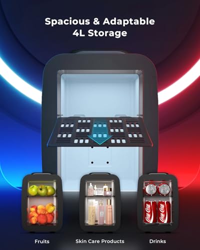 BEICHEN Mini Nevera, 4 L/6 latas, Silenciosa, 7 Modos de Luz RGB, 2 en 1 de Refrigeración y Conservación de Calor para Bebidas y Cuidado de La Piel, Mini Nevera para Gaming, Oficina, Coche (Negro)