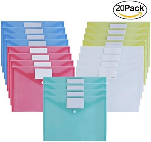 Ofilon File Envelopes, 5 Colors 12.5" x 9" Size Poly File Envelope Folder with Label Pocket & Snap Button, Water Resistant Document File Bags for US A4 Letter Project Filing Paper Organizer (20)