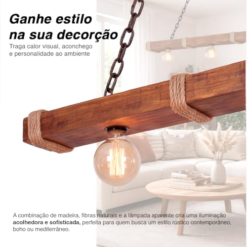 Lustre de Teto Luminária Pendente Caibro Madeira Rústica e Sisal - 3 Bocais E-27 (90cm) Bivolt - Área Gourmet e Churrasqueira - Corrente Anti-Ferrugem