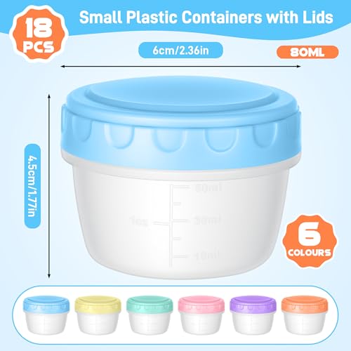 Fentar 18 Pieces Airtight Small Food Containers with Scale, 80ML Reusable Freezer Containers, Small Trays with Lids for Sauces, Yogurt (6 Colors)
