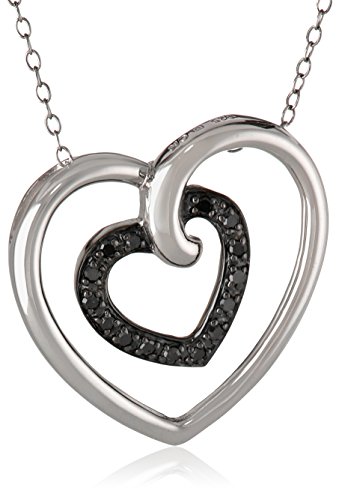 Sterling Silver Black Diamond Heart in Heart Pendant Necklace (.17 cttw), 18"