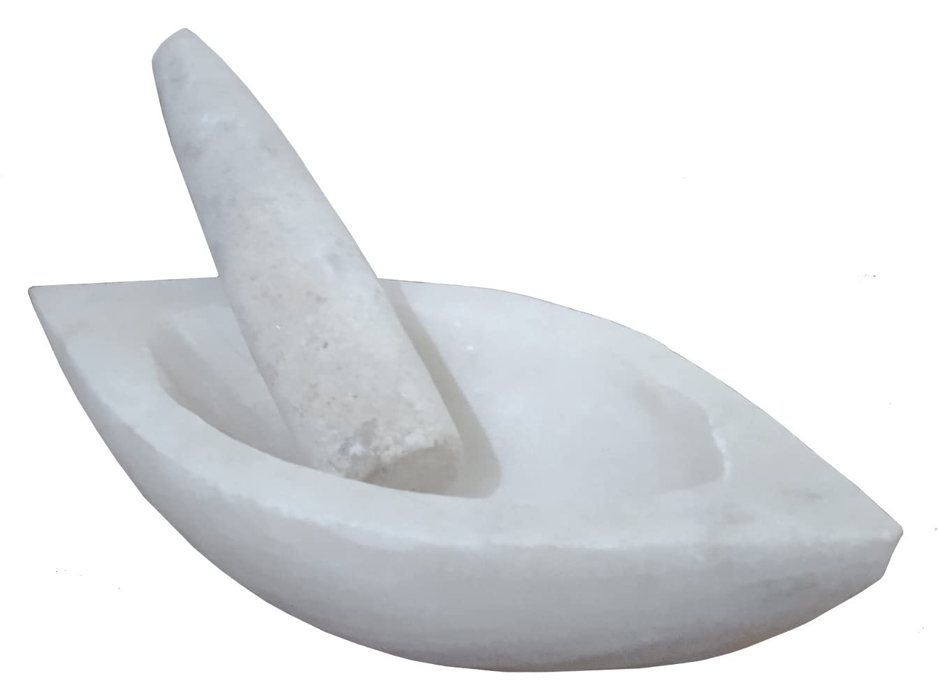 Purpledip Marble Mortar Pestle Grinding Crushing Bowl Set: Ayurvedic Khal Dasta, Boat Shape (12469B)