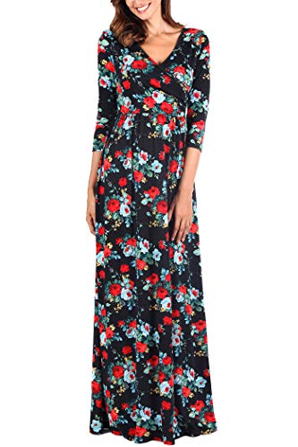Comila Long Dress with Flutter Sleeves, Bohemian Floral Print Maxi Dress Petite Summer V Neck Wrap Long Dress Empire Waist Slimming Flattering A Line Dress Black/Red/Green L (US 12-14)