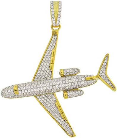 Men's Two Tone Gold-and-Rhodium-Plated Sterling Silver Round Cut Cubic Zirconia Large Plane 747 Pendant, 3.10" x 2.50"