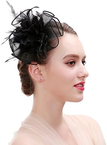 Flower Feather Fascinators Hats for Women Wedding Bridal Headwear (Black)