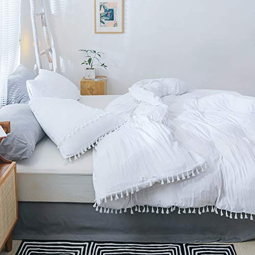 Smoofy White Duvet Cover, 3 Pieces Boho Style Microfiber Tasseled Bedding Sets with Zipper Closure(White, Queen)