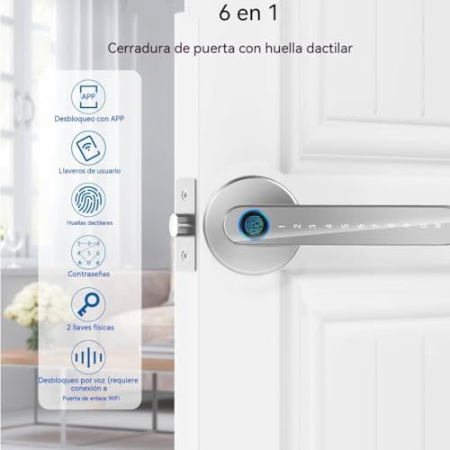 Cerradura Electrónica Inteligente - Chapa Inteligente para Puerta 5 en 1: Huella Digital, TuYa APP, Contraseña, Llave Mecánica y Tarjeta IC, Fácil de Instalar, Alta Seguridad