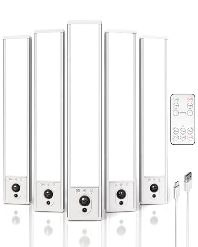 EZVALO 5-Pack Under Cabinet Lighting, 2400mAh Motion Sensor Light, Closet Lights Wireless, Dimmable, Timer, Magnetic, with Remote Control for Kitchen, Pantry, Stairs