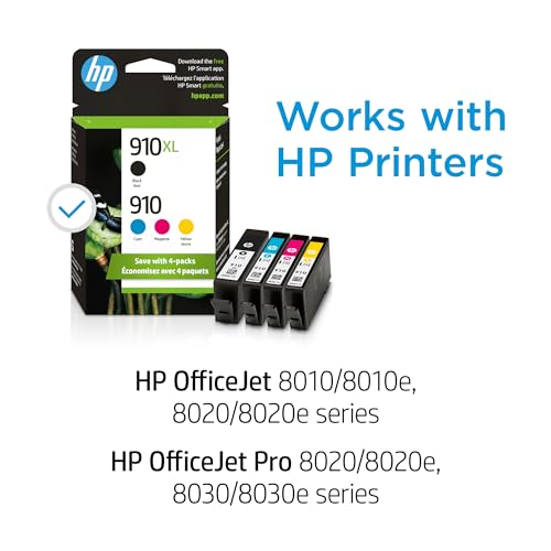 HP Original 910 Cyan, Magenta, Yellow / 910XL Black Ink Cartridges (4-Pack) | Works OfficeJet 8010, 8020 Series OfficeJet Pro 8020, 8030 Series | Eligible for Instant Ink | 3JB41AN