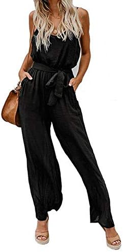 INIBUD Jumpsuits for Women Casual Self-Tie Belt Adjustable Strap Loose Wide Leg Sleeveless V Neck Pockets Solid Summer