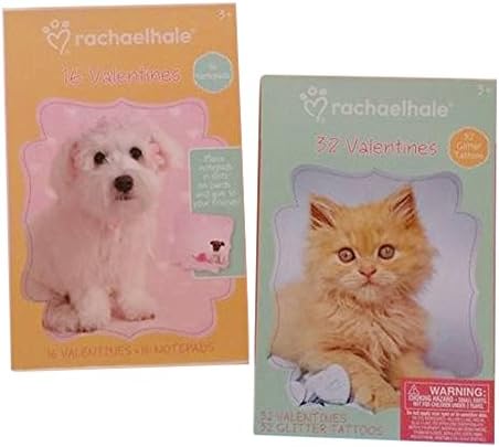 Puppy & Kitten Rachael Hale Valentines 2 Item Bundle - Includes Notepads and Glitter Tattoos