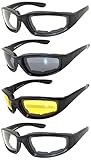 Set of 3 Pairs Motorcycle Padded Foam Glasses Smoke Yellow or Clear Lens Owl