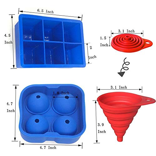 Large Silicone Molds for Bath Bomb Rubber Ice Trays BPA Free, Whisky Sphere Ice Ball Maker with Lid Bar Accessories with Silicon Funnel for Dog Treats Soap Making, Kitchen Gadgets Set of 3