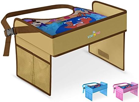 Kids Travel Tray by StayNpro, Attractive Surface, Strong Buckles, Sturdy Side Walls, Dual Mesh Pockets, Durable Child Lap Tray for Snacks and Drawing Activity in Car Seat, Stroller and Plane (Brown)