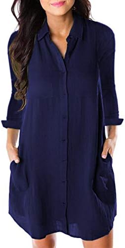 Honwenle Women V Neck Turn Down Collar Long Sleeve Button Down Pocket Casual Shirt Midi Dress