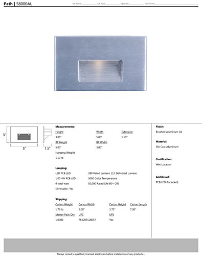 Maxim 58000AL Path LED Step Light Wall Sconce, Brushed Aluminum Finish, Glass, PCB LED Bulb , 60W Max., Dry Safety Rating, Standard Dimmable, Shade Material, Rated Lumens