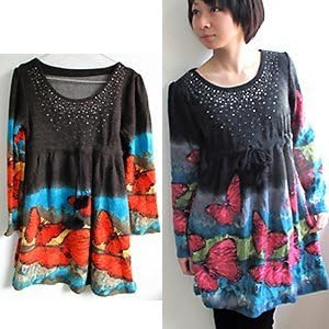 Amazon Co Jp ラインストーンとポンポン 大人可愛いバタフライ 蝶 ワンピース ブルー 服 ファッション小物