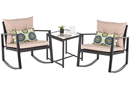 OAKVILLE FURNITURE 61503 Patio 3-Piece Rattan Rocking Bistro Set, Outdoor Furniture Sets with Ru ...