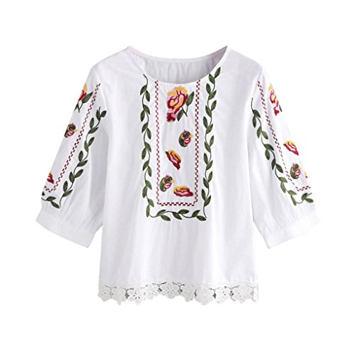 Women Long Sleeve Lace Printing Blouse Casual Tops Loose T-Shirt (S, White)