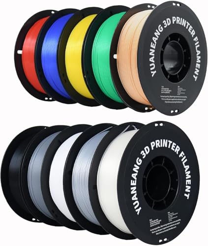 YUANEANG PLA 3D-Drucker filament, 10 Rollen, Maßgenauigkeit +/- 0,02 mm, 1-kg-Spule (2,2 lbs), 1,75 mm, 10 kg, zehn Farben: Schwarz, Weiß, Grau, Rot,
