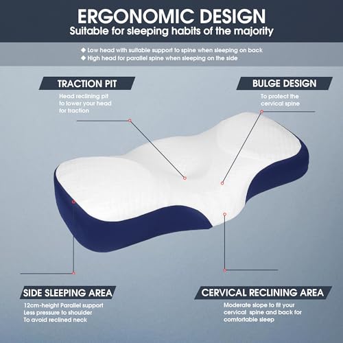Memory Foam Neck Pillow, Ergonomic Cervical Sleeping Neck Pillow, Neck Support Pillow for Shoulder and Neck Pain Relief, Orthopedic Pillow for Side Sleeping with Washable Cover (a-Navy Blue)