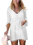 BLENCOT Women's Crochet Chiffon Tassel Swimsuit Bikini Pom Pom Trim Swimwear Beach Cover Up-White X-Large