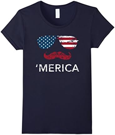 Womens 'Merica sunglasses mustache USA Patriotic 4th of July shirt Large Navy