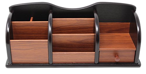 Cherry Brown Wooden Office Desk Organizer With Multiple Shelves/Racks and 1 Drawer for Office Supplies and Desk Accessories - Can be Used on Desktop|Table|Counter in Kitchen or At Work - Thumbnail 4
