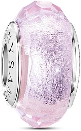 TINYSAND 925 Sterling Silver Czech Crystal Fascinating Facet Pink Glass Charms Beads Spacers Birthstone Solid Core Charm Fit All Bracelets