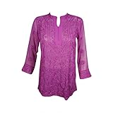 Mogul Interior Women's Tunic Blouse Top Floral Embroidered Sheer Georgette Kurti X-S