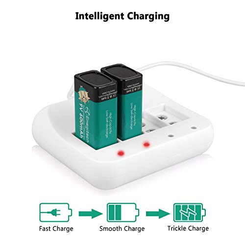 Enegitech 9V Battery Charger, 4Slot Lithiumion 9Volt Fast Batteries Charger with LED Indicator