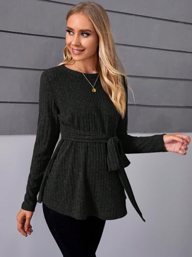 MAKEMECHIC WOMEN’S MATERNITY SHIRTS CASUAL LONG SLEEVE TIE FRONT RIBBED KNIT PREGNANCY TEE TOP A-BLACK M