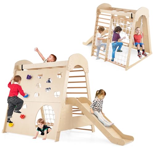 Costzon Upgraded Indoor Playground, 8-in-1 Montessori Beech Wood Climbing Toys for Toddlers w/Climbing Wall, Crawling, Net, Ladder, Monkey Bars, Swing, Slide, Wooden Jungle Gym Playset for Kids 3+ Age