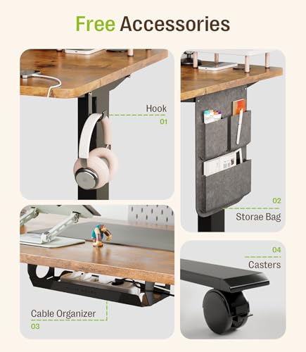 MAIDeSITe Height Adjustable Electric Lift Table, 120 x 60 cm Standing and Sitting Table with Cable Tray, Hook and Storage Pockets, Lift Table with Memory Controller