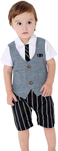 1st Birthday Baby Boy Cotton Light Blue White Black Tuxedo tie Jacket Suit Romper Style Dress Half Sleeve 1-2 Year