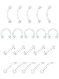 Mudder 20 Pieces Clear Nose Stud Eyebrow Ring Acrylic Lip Bar Labret Retainer for Body Jewelry Piercing, Multi-shapes