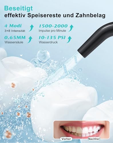Wireless Oral Irrigator, Oral Irrigator, Test Winner 2026, Water Flosser for Teeth Cleaning, 10-135 PSI & 4 Modes, 300 ml Water Tank, Electric Dental Shower with 5 Nozzles for Braces (Black-01)