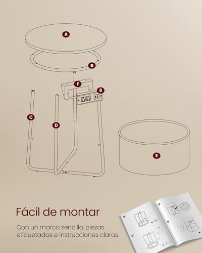 Coleção LILEA - Mesa de Cabeceira, Mesa Redonda com Tomadas de Alimentação, Cesto de Tecido, Espaçosa, Mesa de Cabeceira, Estilo Moderno, Branco Mate e Castanho Camel LET228W02