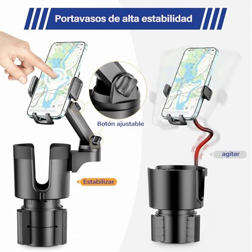 EWIEIAA 2 en 1 Porta Vasos para Auto, Soporte telescópico para teléfono de Coche, Tamaño de Base Ajustable, Adecuado para la mayoría de Tazas