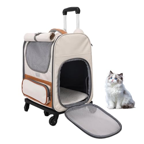 Cat Carrier Backpack, 3-in-1 with Wheels, Detachable Pet Backpack, with Sun Protection Roller Blinds, Ventilated Design, Multi Function Pet Rolling Carrier, for Dogs Cats Under 10kg or 22Lb (Beige)