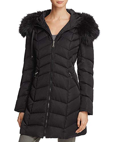 T Tahari Women's Gwen Faux Fur Trim Hooded Coat Short Jacket Black (L)