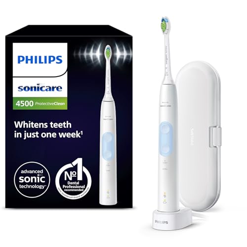Philips Sonicare ProtectiveClean 4500 elektrische Zahnbürste, Schallzahnbürste mit 2 Putzmodi, Clean und White, Drucksensor, Timer und Reiseetui, Weiß, Modell HX6839/28