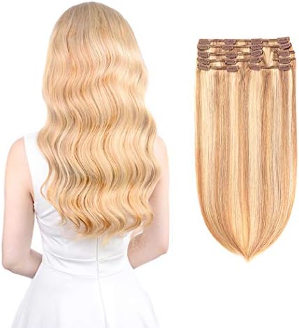 Winsky Clip in Remy Human Hair Extensions - 140g 8pcs 20clips Full Head Soft Straight Ombre Thick Hair Clip on Extensions for Women (16inch, 18/613)